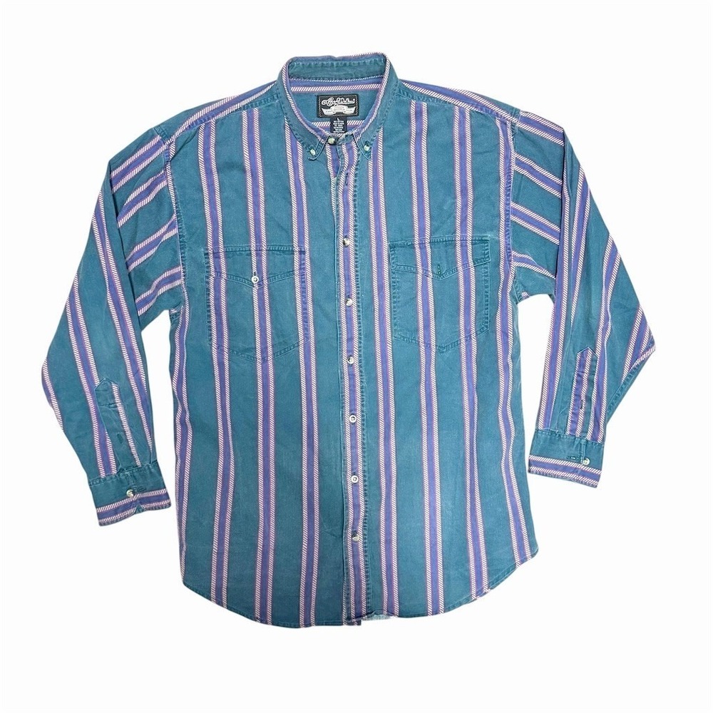 Larry Mahan Button-Down Shirt Men's Size L Teal Purple Striped Long Sleeve